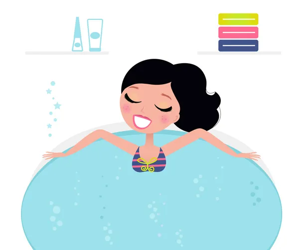 Carino donna rilassante nella vasca idromassaggio, accessori spa (retrò  ) — Vettoriale Stock