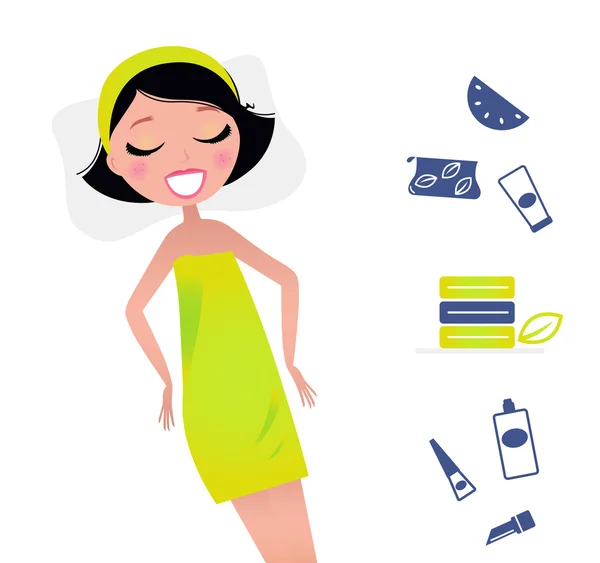 Femme relaxante en serviette verte & accessoires cosmétiques . — Image vectorielle