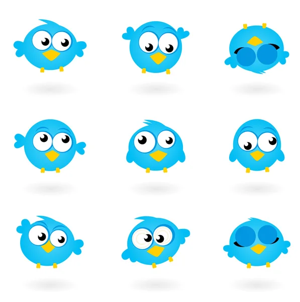 Cute blue vector Twitter Birds icons collection isolated on whit — Stock Vector