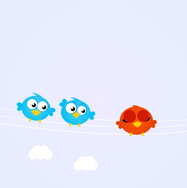 多様な赤 1 つに沿って青い鳥 — ストックベクタ