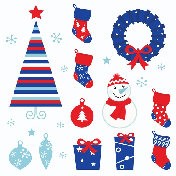 Christmas tecknade ikoner & isolerade på vitt (röd, blå beståndsdelar) — Stock vektor