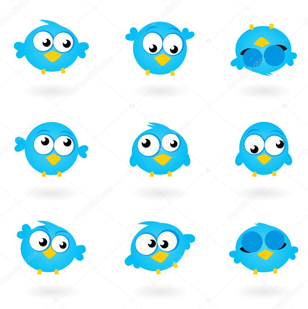 Cute blue vector Twitter Birds icons collection isolated on whit