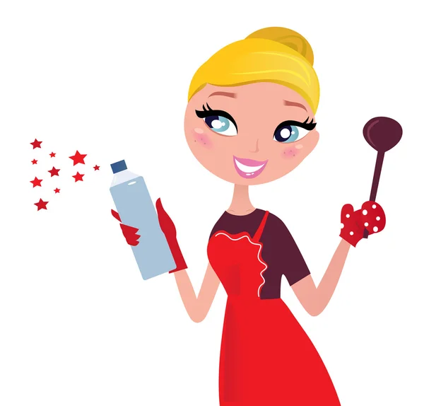 Cute Christmas cooking & cleaning Housewife, retro — Stock Vector