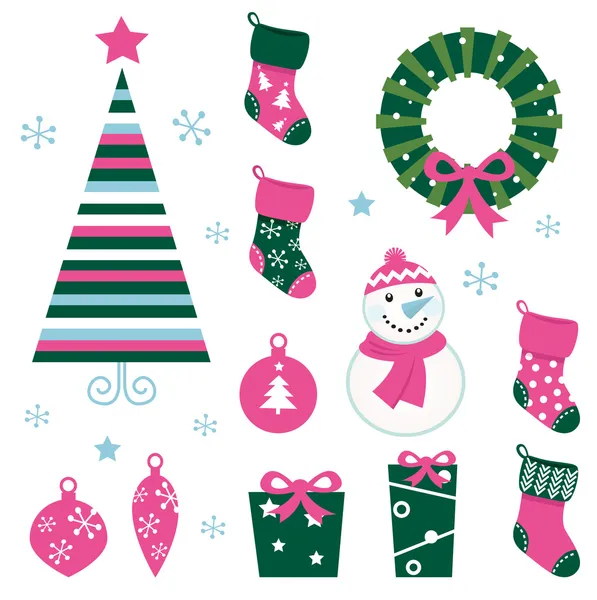 Iconos y elementos de dibujos animados de Navidad (verde, rosa ) — Vector de stock