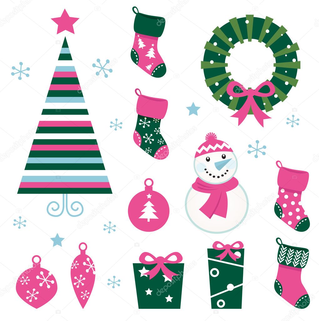 Christmas cartoon icons & elements(green, pink)