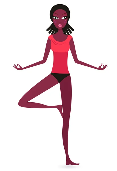 Mujer de piel oscura en yoga de pie pose aislada en blanco — Vector de stock