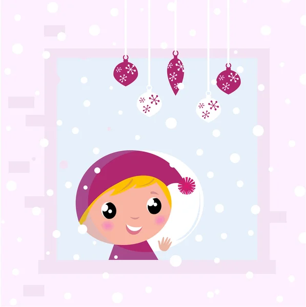 Cute Christmas Child looking on Snow through Window — Stock Vector