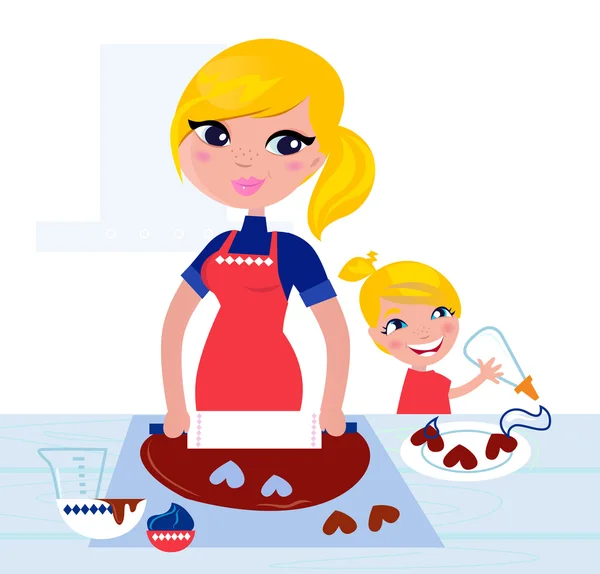 可爱的孩子，帮助她的母亲与圣诞烘焙 — 图库矢量图片