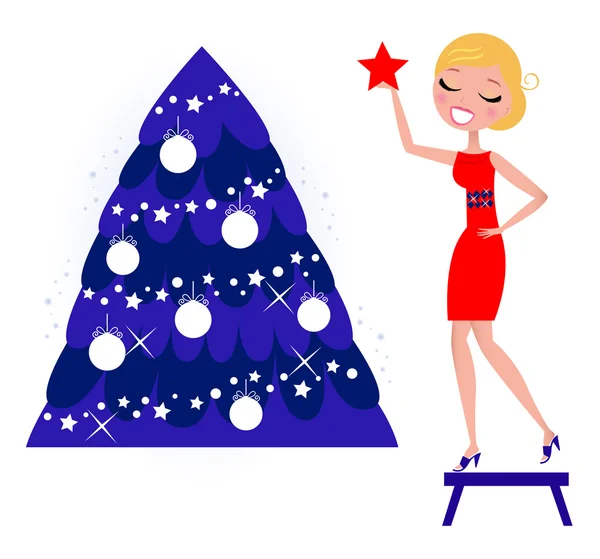 Χαριτωμένο γυναίκα διακόσμηση του χριστουγεννιάτικου δέντρου, ρετρό — Διανυσματικό Αρχείο