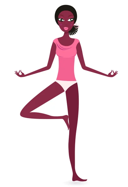 Mujer de piel oscura en yoga de pie pose aislada en blanco — Vector de stock