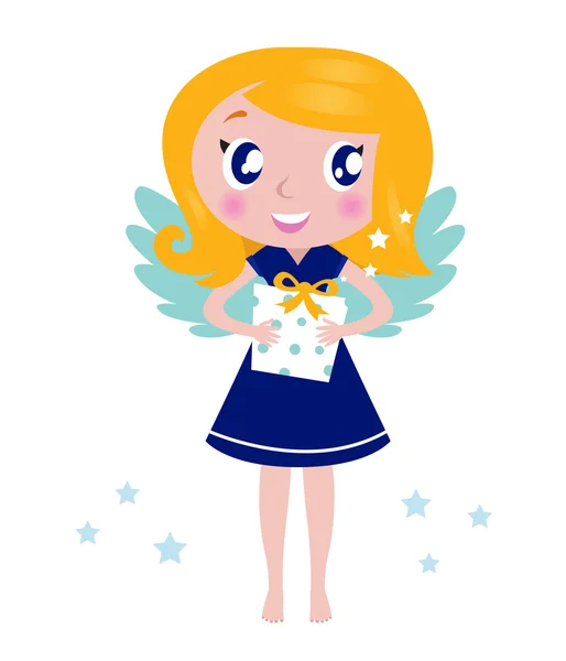 Happy little christmas angel Child with present — Stock Vector