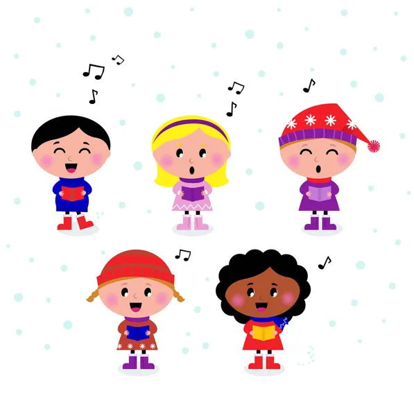 Schattig multiculturele zingen & caroling Kids — Stockvector
