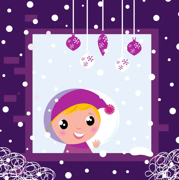 可爱的小男孩通过冬季圣诞窗口看 — 图库矢量图片
