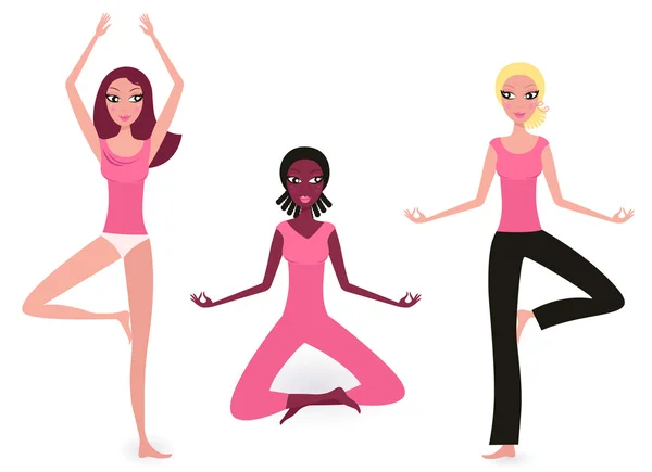 Yoga çok kültürlü kızları koleksiyonu iolated beyaz — Stok Vektör