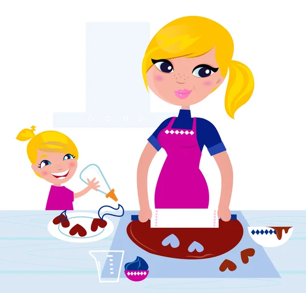 Cute Girl helping her Mother with christmas baking — Stock Vector