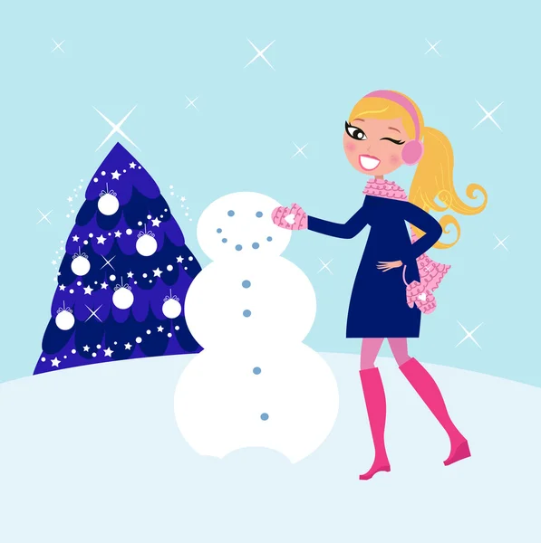 Γυναίκα κτίριο χειμώνα Χριστούγεννα χιονάνθρωπος — Διανυσματικό Αρχείο