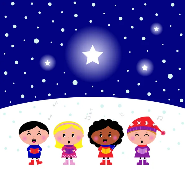 Niedliche multikulturelle Kinder singen Weihnachtslieder — Stockvektor
