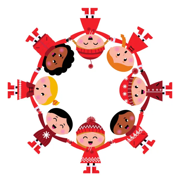 Cute christmas multicultural children in circle — Stock Vector