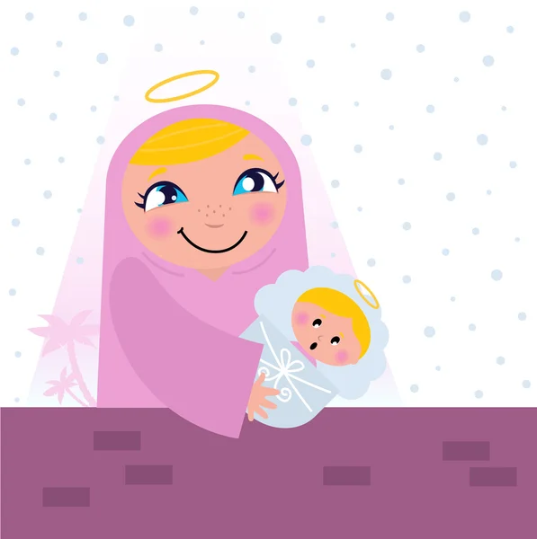 성탄절 베들레헴 장면: 성모 마리아와 아기 예 수 — 스톡 벡터