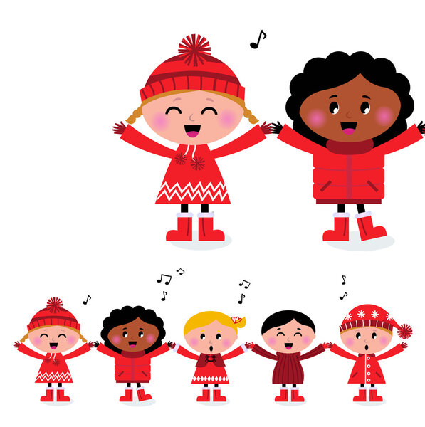 Счастливые колядующие мульти-культурные дети поют песню
