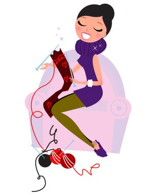 Beautiful woman knitting hand made scarf clipart