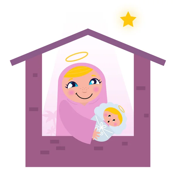 伯利恒的耶稣诞生的场景： 圣母和婴儿耶稣 — 图库矢量图片