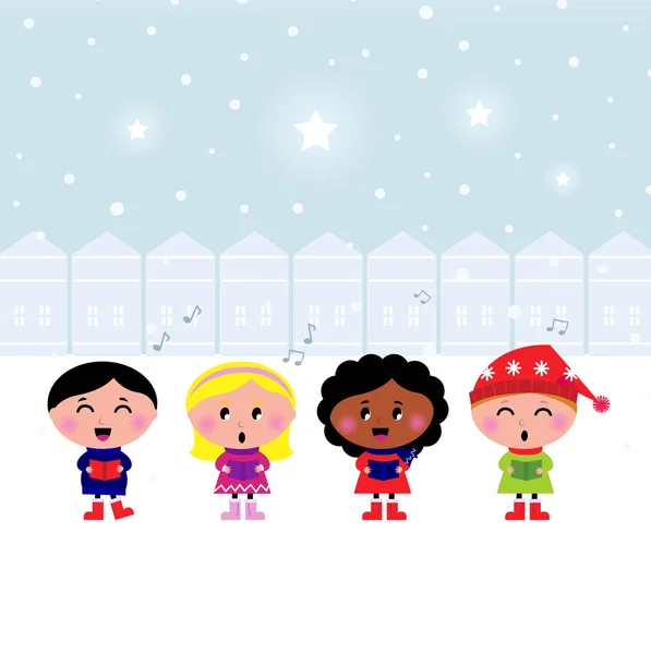 Sevimli Noel carroling çocuklar şehirde şarkı — Stok Vektör