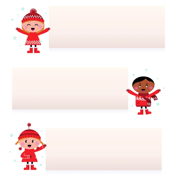 Enfants multiculturels mignons avec des bannières vierges — Image vectorielle
