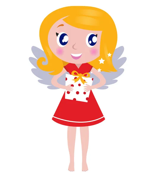 Χριστούγεννα κορίτσι Άγγελος κινουμένων σχεδίων με δώρο που απομονώνονται σε λευκό — Διανυσματικό Αρχείο