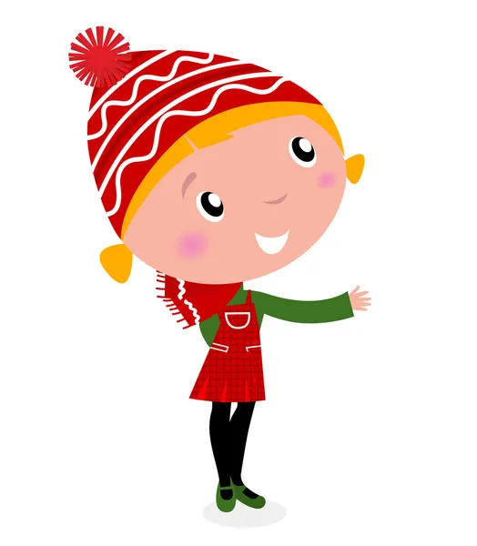 Χαριτωμένο Χριστούγεννα κορίτσι κινούμενα σχέδια σε κόκκινο κοστούμι — Διανυσματικό Αρχείο