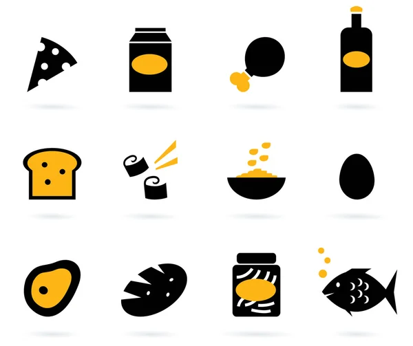 Ícones de comida retro conjunto isolado em branco (preto, amarelo  ) — Vetor de Stock