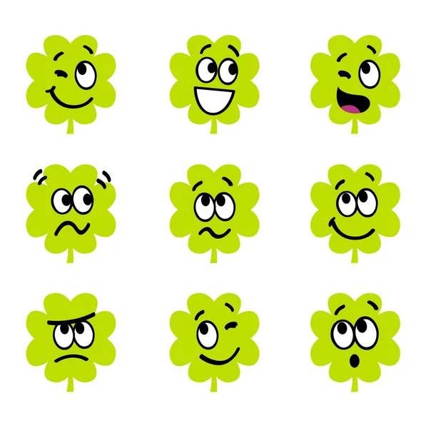 Dibujos animados de cuatro tréboles de hojas con expresión facial — Vector de stock