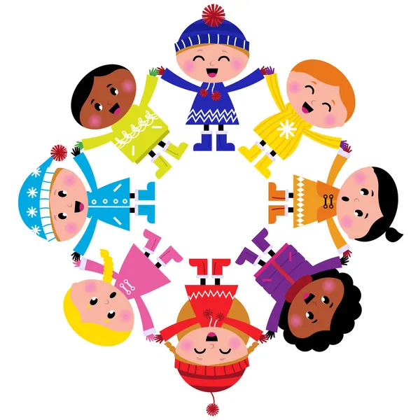 Happy winter cartoon kinderen in cirkel geïsoleerd op wit — Stockvector