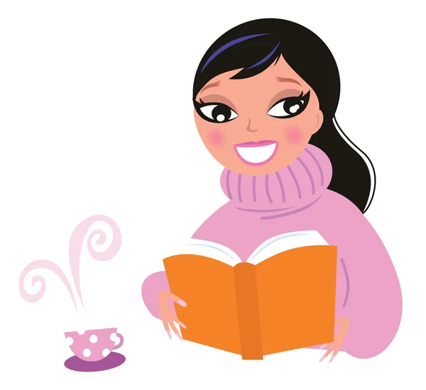Cute woman in warm pullower reading book — Stock Vector