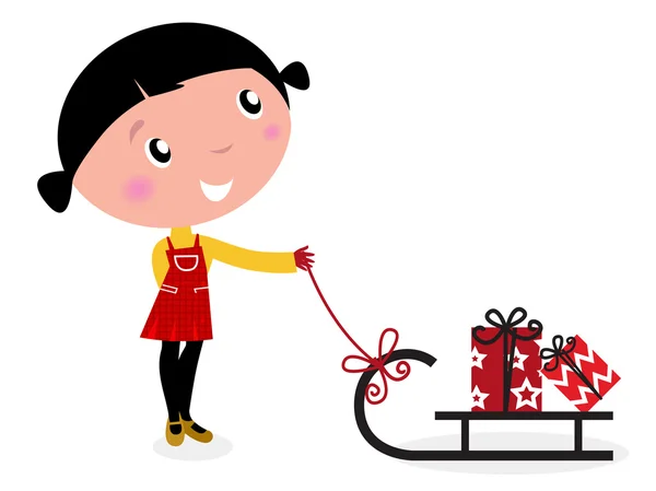Милый зимний ребенок, сани и рождественские подарки — стоковый вектор