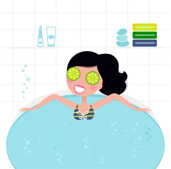 Carino donna retrò rilassante nella vasca idromassaggio schiuma — Vettoriale Stock