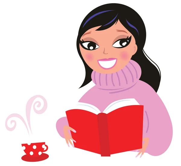 Schöne Frau liest Buch aus roter Bibliothek — Stockvektor