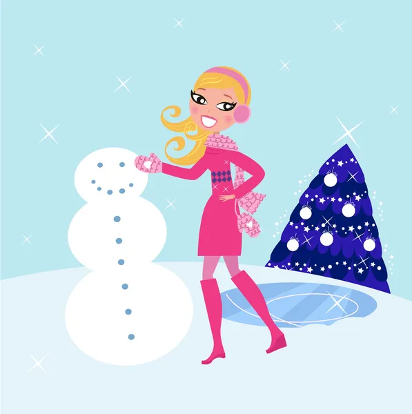 Woman building winter christmas snowman Woman — Stock Vector