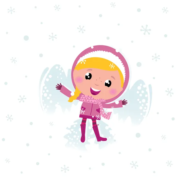 Маленький милый розовый ребенок делает ангела в снегу — стоковый вектор