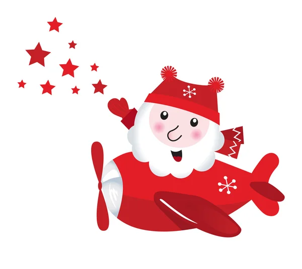 Cute flying Santa touching christmas Stars — Stock Vector