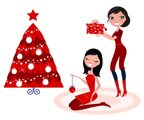 Julfest: vackra kvinnor förbereder Julen träd, retro — Stock vektor