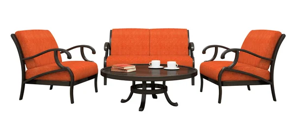 Conjunto de los dos sillones, sofá y mesa aislados sobre fondo blanco — Foto de Stock