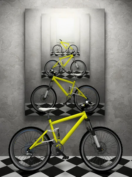Parte degli interni con bicicletta e foto — Foto Stock