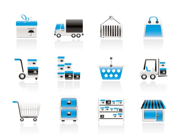 Iconos de almacenamiento, transporte, carga y envío — Vector de stock