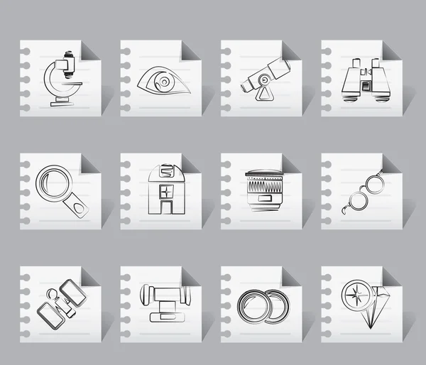 Optic and lens equipment icons — Stock Vector