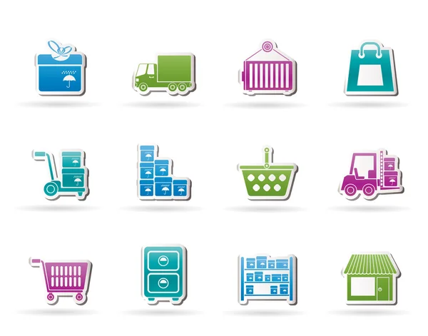 Storage, transportation, cargo and shipping icons — Stock Vector