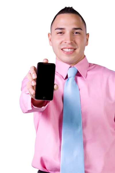 Podnikatel drží mobil — Stock fotografie