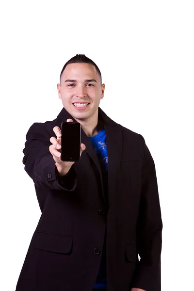 Іспаномовний бізнесмен тримає мобільний телефон — стокове фото