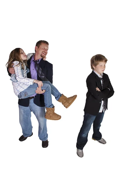 Bror, syster och far klantar sig — Stockfoto