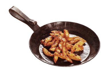 Marinated chicken meat on a frying pan clipart